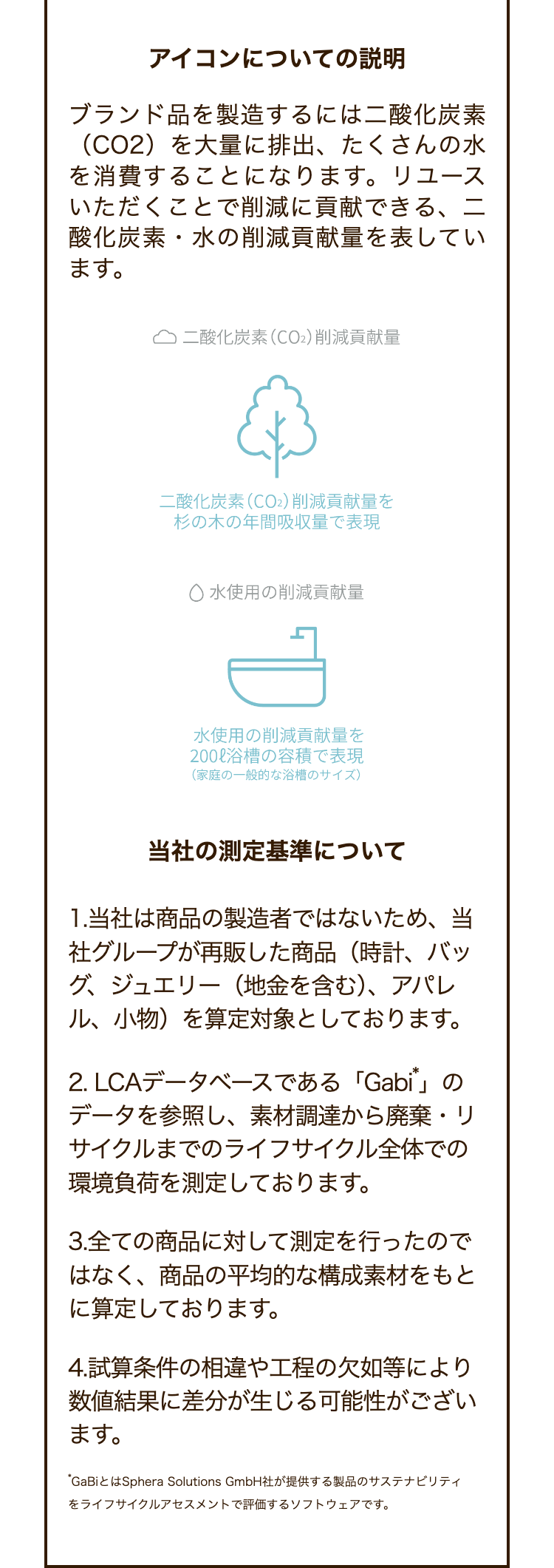 アイコンについての説明
ブランド品を製造するには二酸化炭素
(CO2)を大量に排出、 たくさんの水
を消費することになります。リユース
いただくことで削減に貢献できる、二
酸化炭素・水の削減貢献量を表してい
ます。
二酸化炭素(CO2)削減貢献量
二酸化炭素(CO2) 削減貢献量を
杉の木の年間吸収量で表現
○ 水使用の削減貢献量
水使用の削減貢献量を
200ℓ浴槽の容積で表現
(家庭の一般的な浴槽のサイズ)
当社の測定基準について
1.当社は商品の製造者ではないため、当
社グループが再販した商品(時計、バッ
グ、ジュエリー(地金を含む)、アパレ
ル、小物)を算定対象としております。
2. LCAデータベースである 「Gabi 」 の
データを参照し、 素材調達から廃棄・リ
サイクルまでのライフサイクル全体での
環境負荷を測定しております。
3.全ての商品に対して測定を行ったので
はなく、商品の平均的な構成素材をもと
に算定しております。
4.試算条件の相違や工程の欠如等により
数値結果に差分が生じる可能性がござい
ます。
*GaBiとはSphera Solutions GmbH社が提供する製品のサステナビリティ
をライフサイクルアセスメントで評価するソフトウェアです。